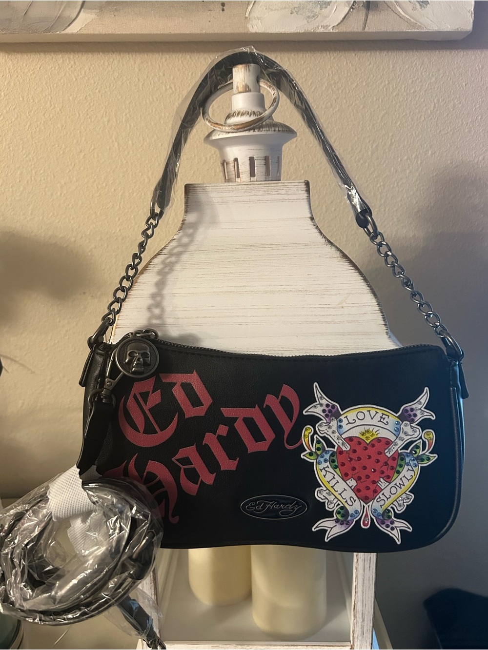 Ed Hardy Black crossbody Bag with Red Script & Multicolor Heart Patch